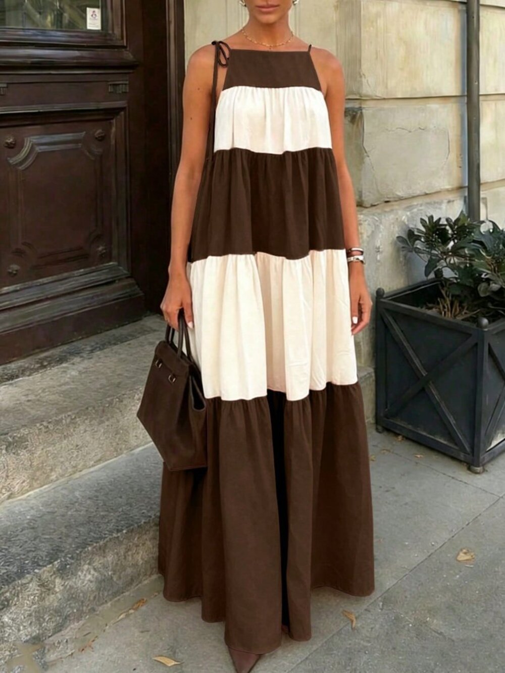 Brown stripe Casual Women's Colorblock maxi dress - Picture 5 of 7